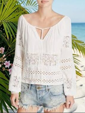 For Love & Lemons Hayley Boho Long Sleeve Oversize White Ivory Tie Blouse XS NWT